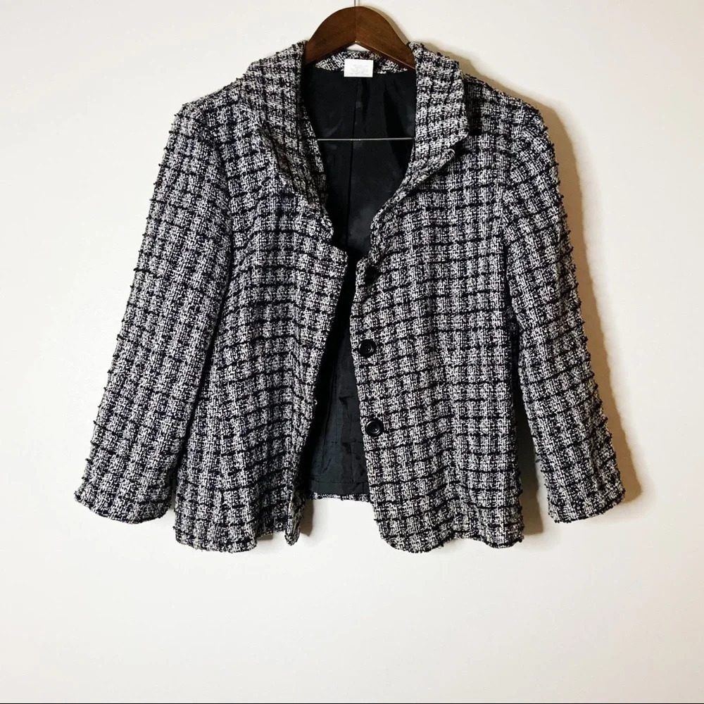 Vintage Tweed Knit Blazer Jacket Collared Plaid Sweater Size XL Office Fall - Picture 2 of 10